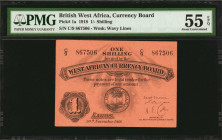 BRITISH WEST AFRICA. West African Currency Board. 1 Shilling, 1918. P-1a. PMG About Uncirculated 55 EPQ.

Watermark of wavy lines. Found with fully or...