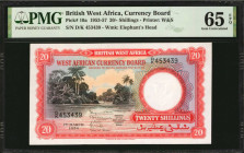 BRITISH WEST AFRICA. West African Currency Board. 20 Shillings, 1953-57. P-10a. PMG Gem Uncirculated 65 EPQ.

Exceptional dark red ink and bright pape...