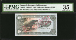 BURUNDI. Banque du Royaume. 10 Francs, 1960 (ND 1964). P-2. PMG Choice Very Fine 35.

Scarce BURUNDI overprint in red on this 10 francs.

Estimate: $2...