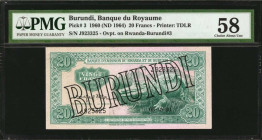 BURUNDI. Banque du Royaume. 20 Francs, 1960 (ND 1964). P-3. PMG Choice About Uncirculated 58.

BURUNDI overprint on alligator.

Estimate: $300.00-$450...