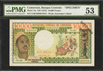 CAMEROON. Banque Centrale. 10,000 Francs, ND (1972). P-14s. Specimen. PMG About Uncirculated 53.

President Ahmadou Ahidjo seen at left. Lightly circu...