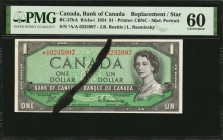 CANADA. Bank of Canada. 1 Dollar, 1954. BC-37bA. Replacement. PMG Uncirculated 60.

Modified portrait. PMG comments "Large Ink Streak."

Estimate: $15...