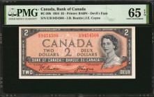 CANADA. Bank of Canada. 2 Dollars, 1954. BC-30b. PMG Gem Uncirculated 65 EPQ.

Nice Devil's face hairdo. Signature by Beattle-Coyne. Good collector ty...