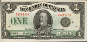 CANADA. Dominion of Canada. 1 Dollar, 1923. DC-25o. About Uncirculated.

Black seal at right with large green "ONE" counter at left. King George V is ...