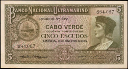 CAPE VERDE. Banco Nacional Ultramarino. 5 Escudos, 1945. P-41. Extremely Fine.

Estimate: $100.00-$200.00