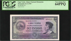 CAPE VERDE. Banco Nacional Ultramarino. 10 Escudos, 16.11.1945. P-42. PCGS Currency Very Choice New 64 PPQ.

A bright and attractive example seen with...