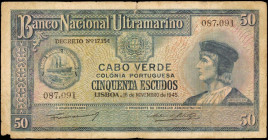 CAPE VERDE. Banco Nacional Ultramarino. 50 Escudos, 1945. P-44. Fine.

A Fine offering of this 1945 dated 50 Escudos note. The corner tip at bottom le...