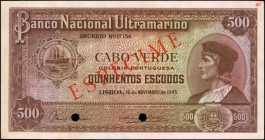 CAPE VERDE. Banco Nacional Ultramarino. 500 Escudos, 1945. P-46s. Specimen. About Uncirculated.

A Specimen offering of this 500 Escudos design. a pri...