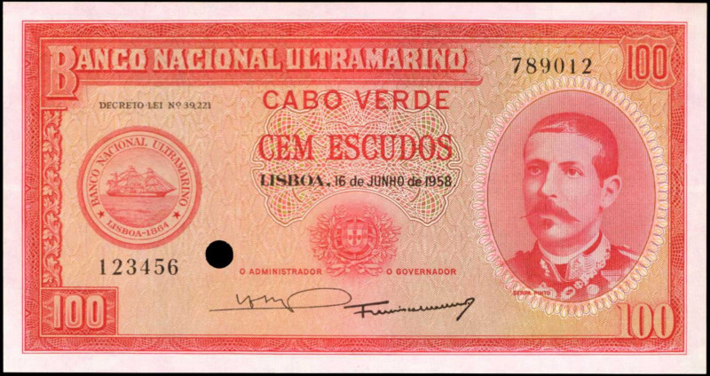 CAPE VERDE. Banco Nacional Ultramarino. 100 Escudos, 1958. P-49p. Proof. Uncircu...