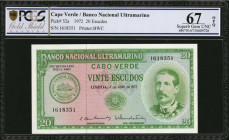CAPE VERDE. Banco Nacional Ultramarino. 20 Escudos, 1972. P-52a. PCGS GSG Superb Gem Uncirculated 67 OPQ.

Printed by BWC. Gem.

Estimate: $100.00-$20...