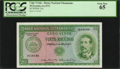 CAPE VERDE. Banco Nacional Ultramarino. 20 Escudos, 1972. P-52a. PCGS Currency Gem New 65.

Estimate: $100.00-$200.00