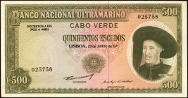 CAPE VERDE. Banco Nacional Ultramarino. 500 Escudos, 1971. P-53Aa. About Uncirculated.

Estimate: $150.00-$250.00