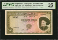 CAPE VERDE. Banco Nacional Ultramarino. 500 Escudos, 1971. P-53Aa. PMG Very Fine 25.

PMG comments "Minor Rust."

Estimate: $200.00-$300.00