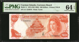 CAYMAN ISLANDS. Cayman Islands Currency Board. 100 Dollars, 1974 (ND 1982). P-11. PMG Choice Uncirculated 64 EPQ.

Printed by TDLR. Watermark of turtl...