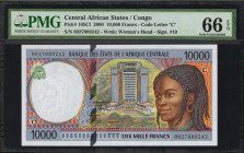 CENTRAL AFRICAN STATES. Banque des Etats de L'Afrique Centrale. 10,000 Francs, 2000. P-105Cf. PMG Gem Uncirculated 66 EPQ.

Code letter "C". Watermark...