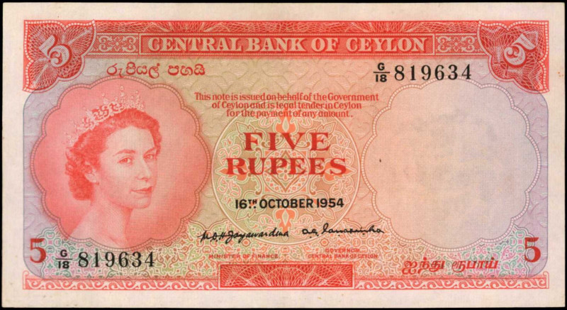 CEYLON. Central Bank of Ceylon. 5 Rupees, 1954. P-54. Extremely Fine.

Estimate:...