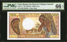CHAD. Banque des Etats de L'Afrique Centrale. 5000 Francs, ND (1984-91). P-11. PMG Gem Uncirculated 66 EPQ.

Watermark of mask. Gem.

Estimate: $100.0...