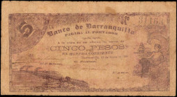 COLOMBIA. Banco de Barranquilla. 5 Pesos, 1900. P-S253. Fine.

Edge wear, staining, tears, pinholes and an internal tear are noticed on this 5 Pesos n...