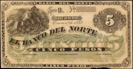 COLOMBIA. El Banco del Norte. 5 Pesos, 1882. P-S682r. Remainder. Very Fine.

Edge Wear is noticed on this 5 Pesos remainder.

From the Ricardo Collect...