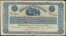 COLOMBIA. Banco de Santander. 5 Pesos, 1873. P-S832b. Very Fine.

With revalidation stamp on the reverse. Margin wear and light staining are noticed.
...