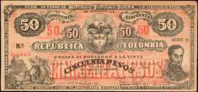 COLOMBIA. Republica de Columbia. 50 Pesos, 1900. P-27a. About Uncirculated.

Toning and minor edge wear are noticed on this 50 Pesos note.

From the R...