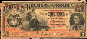 COLOMBIA. Republica de Colombia. 5 Pesos, 1895. P-235a. Very Fine.

Arms at far left, Allegorical woman at left of center with Bolivar at right. Mount...