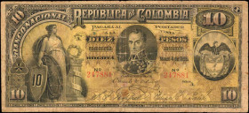 COLOMBIA. Republica de Columbia. 10 Pesos, 1895. P-236a. Very Fine.

Internal tears, pinholes, staining and edge wear are noticed on this 10 Pesos not...