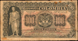 COLOMBIA. Republica de Colombia. 100 Pesos, 1904. P-315. Fine.

Staining, internal tears, margin tears and edge wear is noticed on this 100 Pesos note...