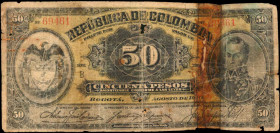 COLOMBIA. Republica de Colombia. 50 Pesos Oro, 1910. P-317a. Good.

A heavy tape repair, holes, missing paper, edge wear, rust, staining, pinholes and...