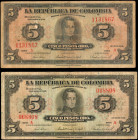 COLOMBIA. Lot of (2). Republica de Colombia. 5 Pesos Oro, 1938. P-341. Fine.

A duo of 5 Pesos Oro notes, which includes the 6 and 7 digit serial numb...
