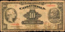 COLOMBIA. Republica de Colombia. 10 Pesos Oro, 1938. P-342a. Very Good.

6 digit serial number variety. Edge tattering/wear, tears and stains are noti...