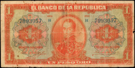 COLOMBIA. Banco de la Republica. 1 Peso Oro, 1926. P-371. Fine.

Blue 7 digit serial number. Found in Fine condition with rust/staining, edge wear, st...