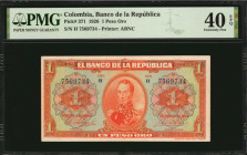 COLOMBIA. Banco de la Republica. 1 Peso Oro, 1926. P-371. PMG Extremely Fine 40 EPQ.

7 digit blue serial number. Printed by ABNC.

Estimate: $200.00-...