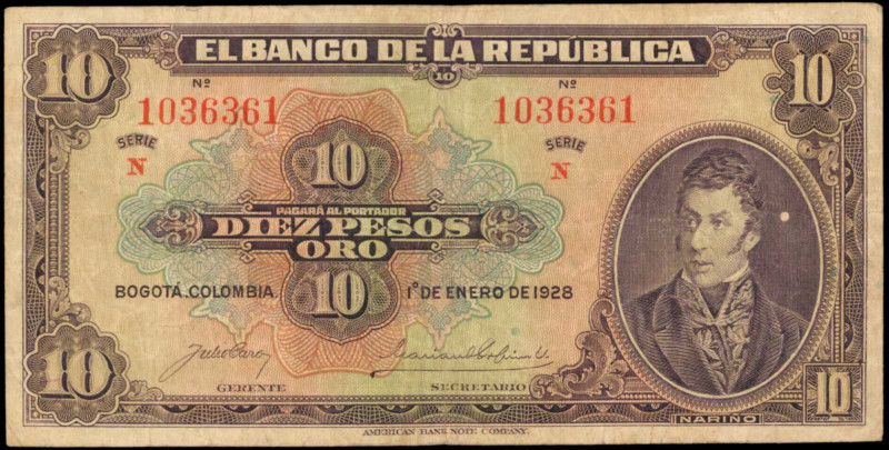 COLOMBIA. Banco de la Republica. 10 Pesos Oro, 1928. P-374. Very Fine.

A light ...