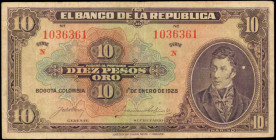 COLOMBIA. Banco de la Republica. 10 Pesos Oro, 1928. P-374. Very Fine.

A light annotation and blue ink is noticed on the reverse of this 10 Pesos Oro...