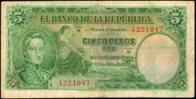 COLOMBIA. Banco de la Republica. 5 Pesos, 1927. P-376. Fine.

A scarce type, found here in Fine condition. Light staining and discoloration is noticed...