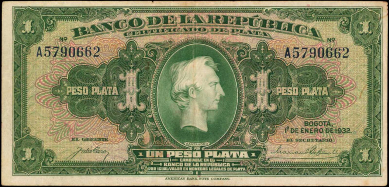 COLOMBIA. Banco de la Republica. 1 Peso Oro, 1932. P-382. Fine.

Staining, rust ...