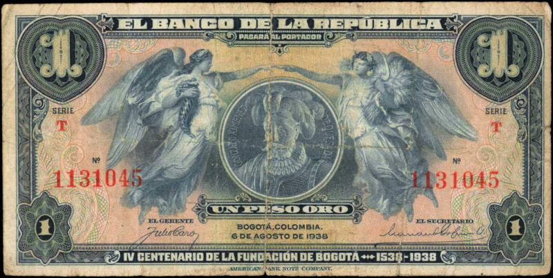 COLOMBIA. Banco de la Republica. 1 Peso Oro, 1938. P-385. Fine.

Angels at left ...