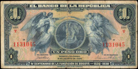 COLOMBIA. Banco de la Republica. 1 Peso Oro, 1938. P-385. Fine.

Angels at left and right with portrait at center. 7 digit serial number. A well circu...