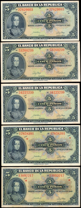 COLOMBIA. Lot of (9). Banco de la Republica. 5 Pesos Oro, 1940-50. P-386a, 386b,...