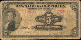 COLOMBIA. Banco de la Republica. 5 Pesos, 1941. P-388a. Fine.

Corner wear, margin wear, paper pulls and ink are noticed.

From the Ricardo Collection...