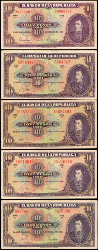COLOMBIA. Lot of (7). Banco de la Republica. 10 Pesos Oro, 1941-63. P-389a, 389b...