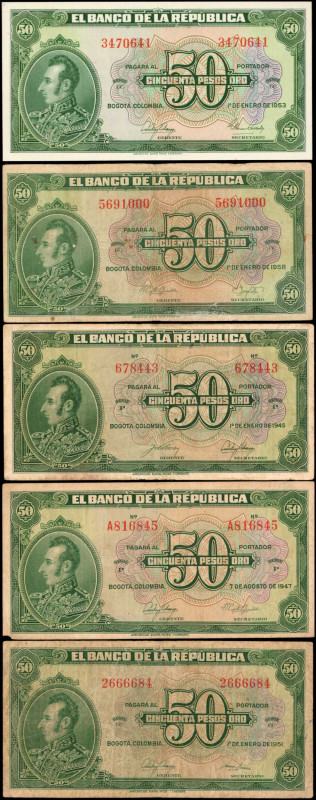 COLOMBIA. Lot of (7). Banco de la Republica. 50 Pesos Oro, 1944-58. P-393a, 393b...