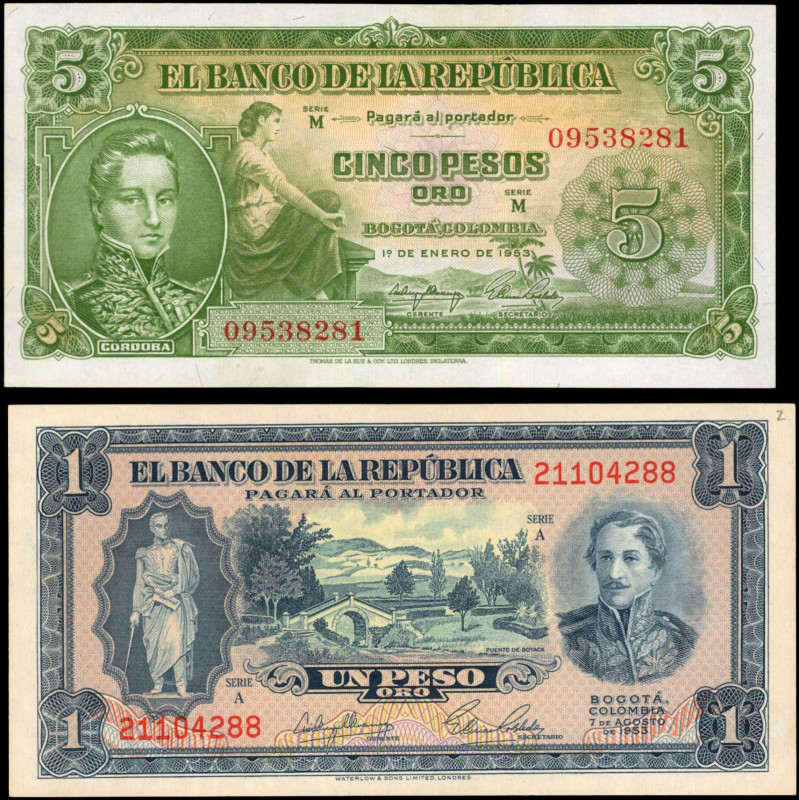 COLOMBIA. Banco de la Republica. 1 & 5 Pesos Oro, 1953. P-398 & 399. About Uncir...