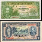 COLOMBIA. Banco de la Republica. 1 & 5 Pesos Oro, 1953. P-398 & 399. About Uncirculated.

A pairing of eight digit serial number varieties for P-398 a...