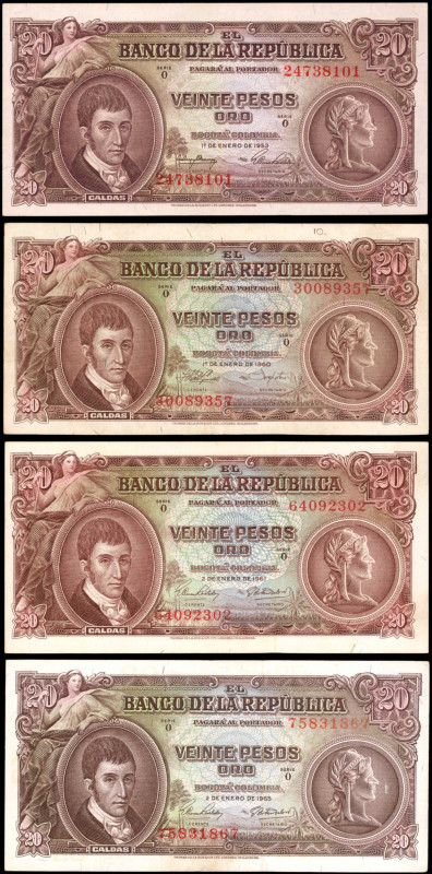 COLOMBIA. Lot of (4). Banco de la Republica. 20 Pesos Oro, 1953-65. P-401a, 401b...