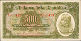 COLOMBIA. Banco de la Republica. 500 Pesos Oro, 1964. P-408b. Choice About Uncirculated.

The paper remains bright and the ink bold. A blue ink annota...