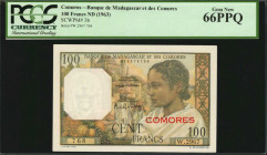 COMOROS. Banque de Madagascar et des Comores. 100 Francs, ND (1963). P-3b. PCGS Currency Gem New 66 PPQ.

Estimate: $100.00-$200.00