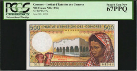 COMOROS. Institut d'Émission des Comores. 500 Francs, ND (1976). P-7a. PCGS Currency Superb Gem New 67 PPQ.

Estimate: $50.00-$100.00