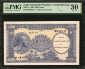 CONGO DEMOCRATIC REPUBLIC. Conseil Monetaire. 1000 Francs, 1962. P-2a. PMG Very Fine 30.

Without watermark. Circulated but problem free.

Estimate: $...